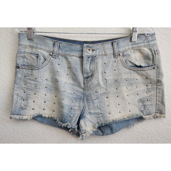 Mine White Washed Metal Studded Frayed Hem Denim Jeans Large Lightweight Soft - Picture 1 of 5